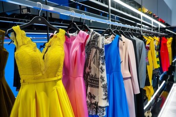 Colorful dresses and suits on hangers against the clean interior of a professional dry cleaning service