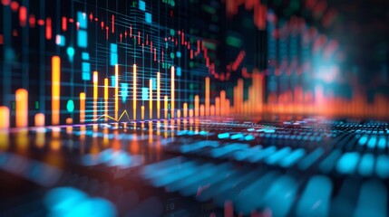 Digital background featuring stock market graphs and bar charts, creating an atmosphere of financial analysis and investment