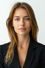 Fototapeta premium Straight-haired businesswoman on city street background.