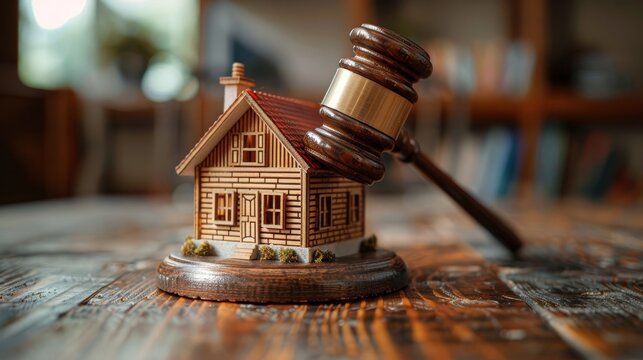 Gavel and miniature house on table