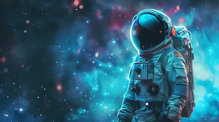 Design a CG 3D digital illustration of a futuristic astronaut in a luminous, minimalist space suit, gazing at distant, iridescent stars