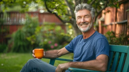 Senior Man Enjoying Garden Coffee