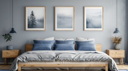 3 framed landscape photography prints on the wall above the bed