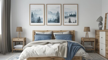 3 framed landscape prints on the wall above the bed