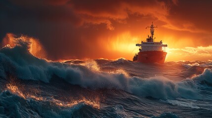 Lone cargo ship braves towering waves under stormy sunset.