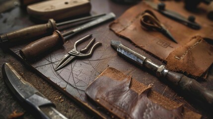 The image is of a cobbler's tools. There are a variety of tools on a leather surface including an awl, a knife, and a pair of pliers. The tools are used to make and repair shoes.