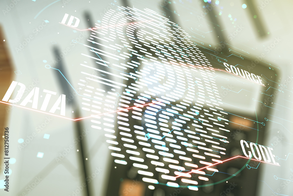 Poster multi exposure of virtual creative fingerprint hologram on blurry calculator background, personal bi