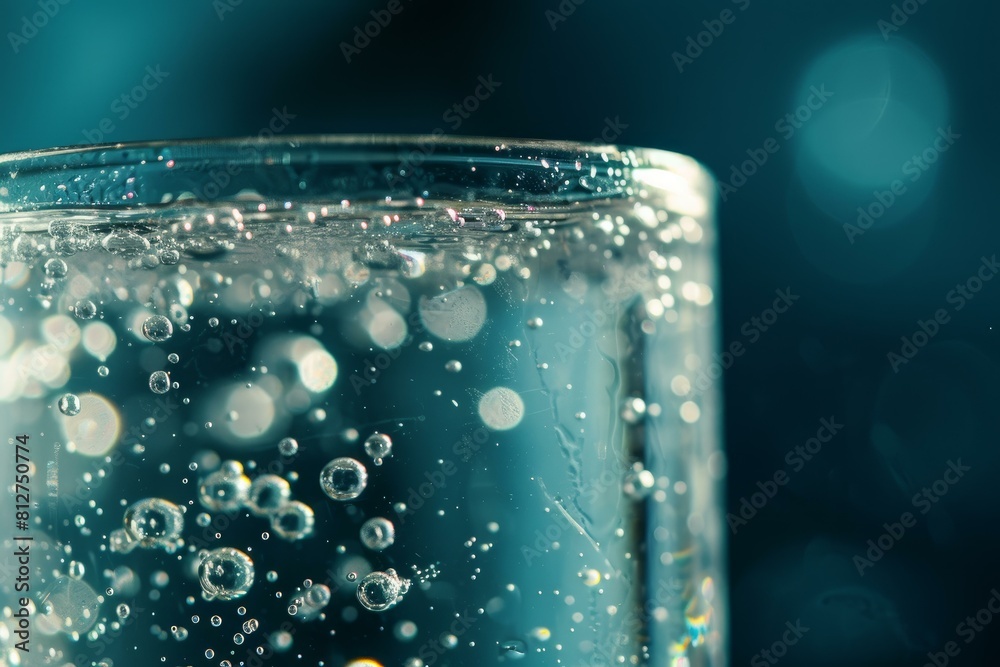 Poster Closeup shot of a glass filled with carbonated water, highlighting the effervescence and bubbles