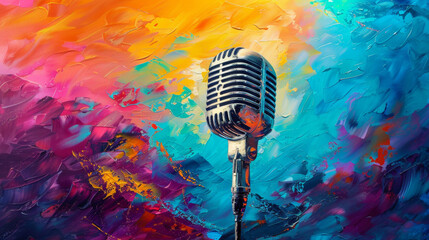 Vintage microphone emits colorful sound waves in vibrant painting, symbolizing music.