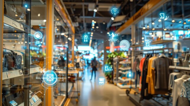 The image shows a busy shopping mall with people walking around and shopping