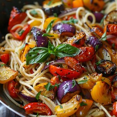 A close-up of spaghetti noodles being tossed in a pan with vibrant, roasted vegetables and fragrant herbs.