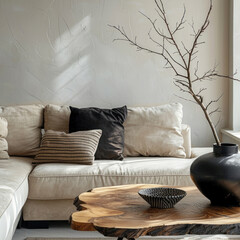 Live edge coffee table near beige sofa against window. Black vase with branch near white wall with black wall decor. Boho, nomadic interior design of modern living room, home.