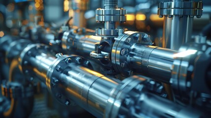 Close detailed view of interconnected pipes and valves in industrial setting.