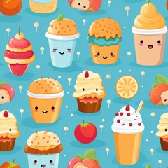 A seamless pattern of cute and colorful cupcakes, muffins, and drinks