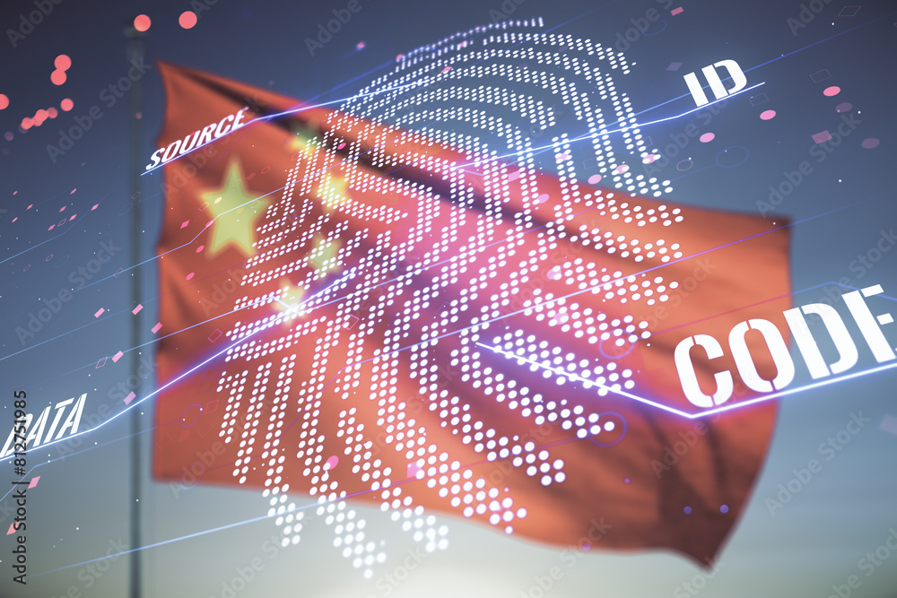 Poster multi exposure of virtual graphic fingerprint sketch on chinese flag and sunset sky background, fing