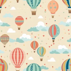 Naklejka premium Hot air balloons in pastel colors fly in the sky among the clouds. The pattern is seamless and can be used for fabric, wallpaper, and other surfaces.
