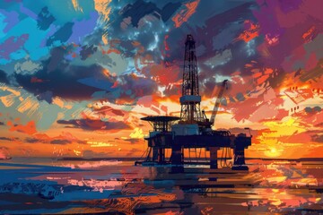 An oil painting of an oil rig at sunset. Ideal for energy industry concepts