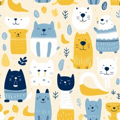 The image is a seamless pattern of cute and colorful cats in sweaters