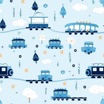 The image is a seamless pattern of cartoon trains in blue and white colors