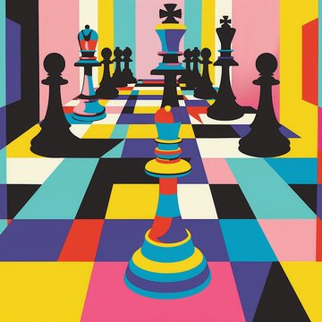 Chess tournament poster with colorful checkered board. Bright, geometric flyer design. Abstract