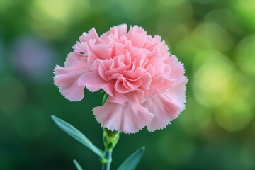 Delicate pink carnation exhibiting its intricate petals against a soft, green bokeh backdrop