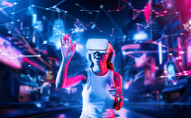 Female standing in cyberpunk style building in meta wear VR headset connecting metaverse, future cyberspace community technology, Woman trying touching virtual reality object with hand. Hallucination.