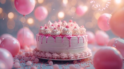 A festive birthday cake decorated with white frosting, surrounded by pink balloons in a dreamy setting.