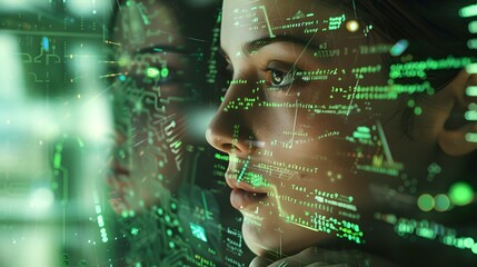 Woman interacting with futuristic interface, green data holograms. Depicting technology and innovation, perfect for tech startups. AI