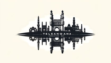 Naklejka premium Illustration celebrating telangana formation day with silhouettes of iconic landmarks of telangana.