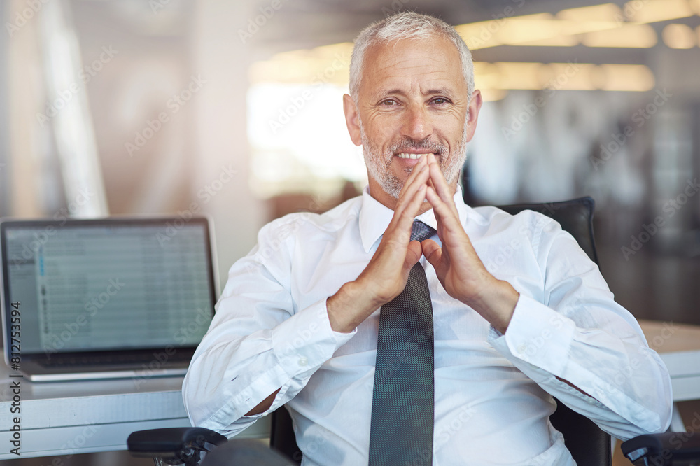 Wall mural mature businessman, boss and portrait in office with laptop screen for trading information and stock