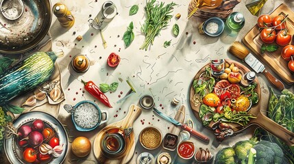Illustrate a culinary masterpiece from an unexpected overhead angle, showcasing intricate details of ingredients and textures in a vibrant watercolor painting