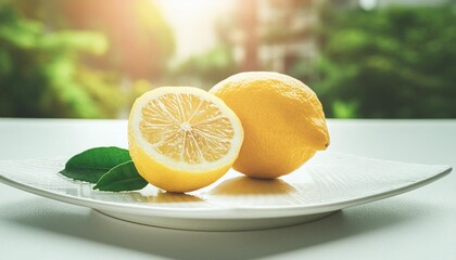 fresh lemon on a white plate citrus lemon half cut close up - Powered by Adobe