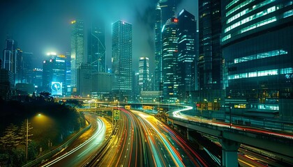 Naklejka premium Depict an urban cityscape at night, with illuminated skyscrapers towering over a network of bustling streets and highways