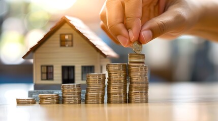Investing in real estate concept with coins stacked by a model home. Financial growth and savings with a clear focus. Homeownership financing. AI