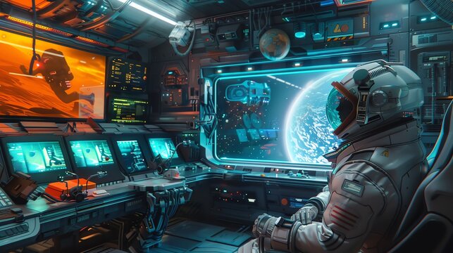 Visualize a futuristic space sitcom scene with impeccable CG 3D art