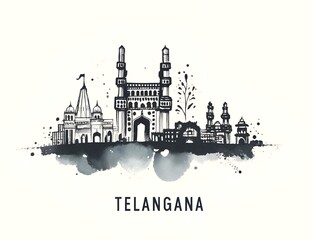 Fototapeta premium Illustration celebrating telangana formation day with silhouettes of iconic landmarks