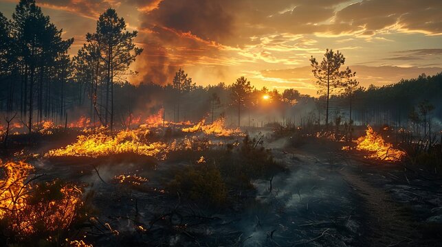 Exhibit a controlled burn operation overseen by forestry professionals, using strategic fires to reduce fuel buildup and mitigate the risk of future wildfires