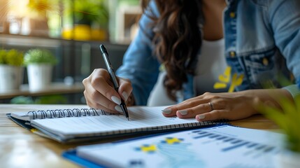 Focused individual writing in a notebook in a bright room. Casual style, planning concept, close-up. Study or work space scene. Perfect for educational content. AI
