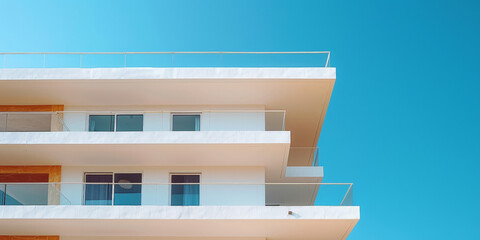white balconies on an apartment building against a clear blue sky, 