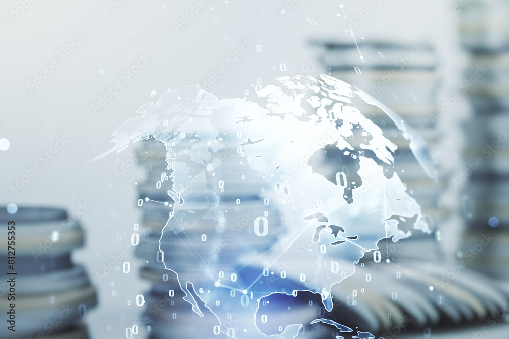Aufkleber multi exposure of abstract programming language hologram and world map on growing coins stacks backg