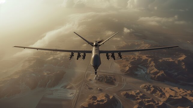 combat reconnaissance drone in the sky flying above objects on the ground