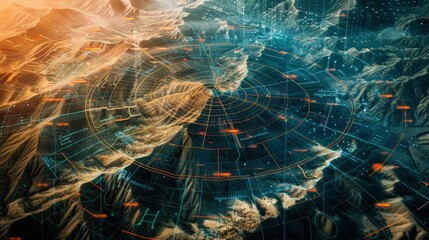 Terrain with a digital radar interface, illustrating the concept of communication technology
