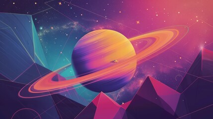 An abstract space poster with a spacecraft on a planet