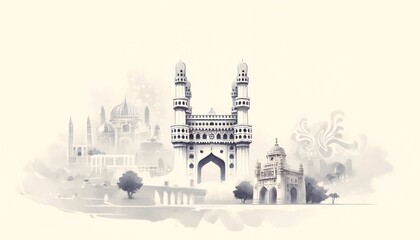 Watercolor illustration celebrating telangana formation day with silhouettes of famous landmarks