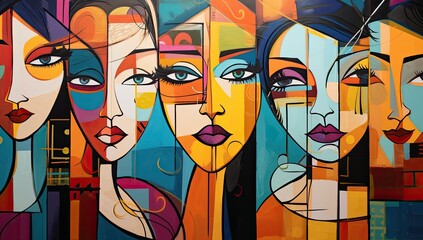 Dynamic Duality: Cubism Portrait of Two Women in Abstract Wall Art