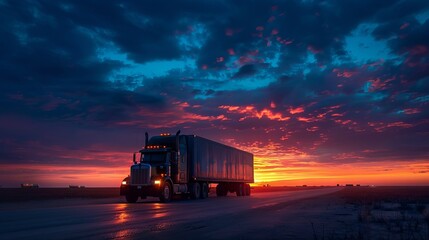 Fototapeta premium Dusk falls over parked cargo truck at industrial facility.