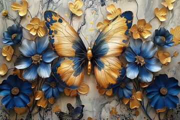 3 panel wall art, marble background with golden and silver flowers designs, blue flowers , golden butterfly silhouette, wall decoration