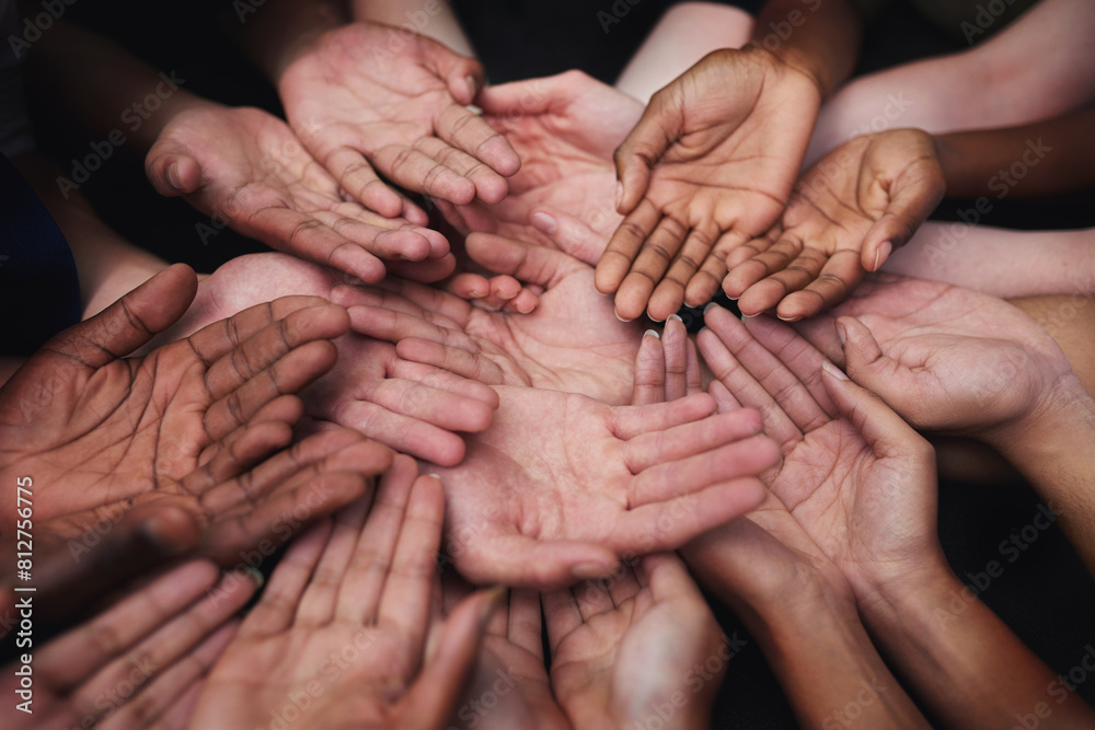 Poster hands, palm and group of people in poverty in closeup for support with community for together. helpi