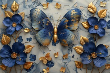 3 panel wall art, marble background with golden and silver flowers designs, blue flowers , golden butterfly silhouette, wall decoration
