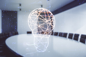 Virtual Idea concept with light bulb illustration on a modern conference room background....